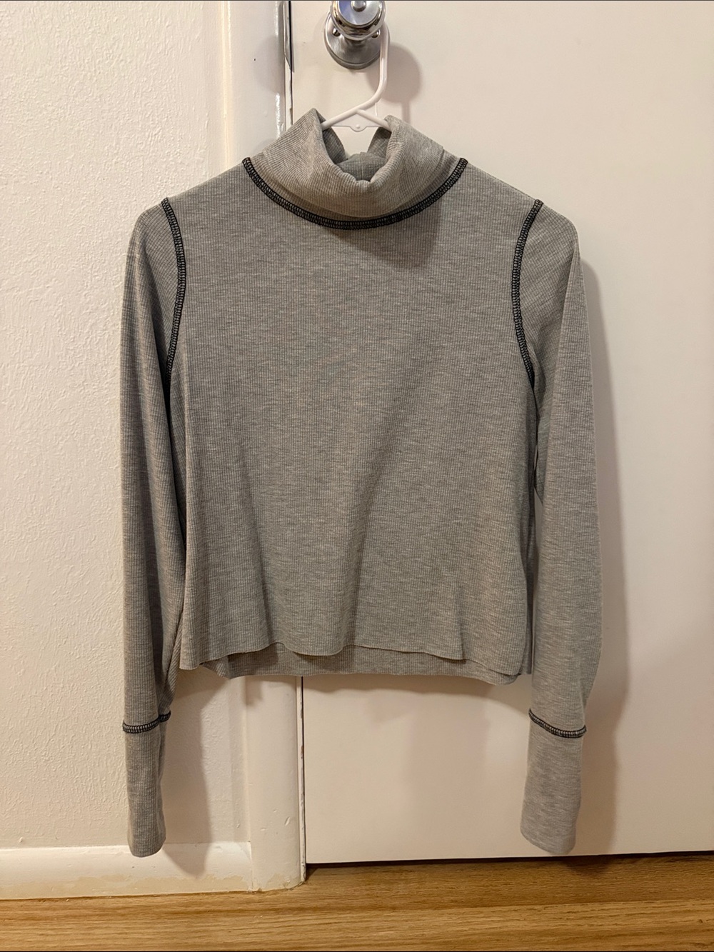 Anthropologie Light Gray Ribbed Turtleneck Top with Contrast Stitching